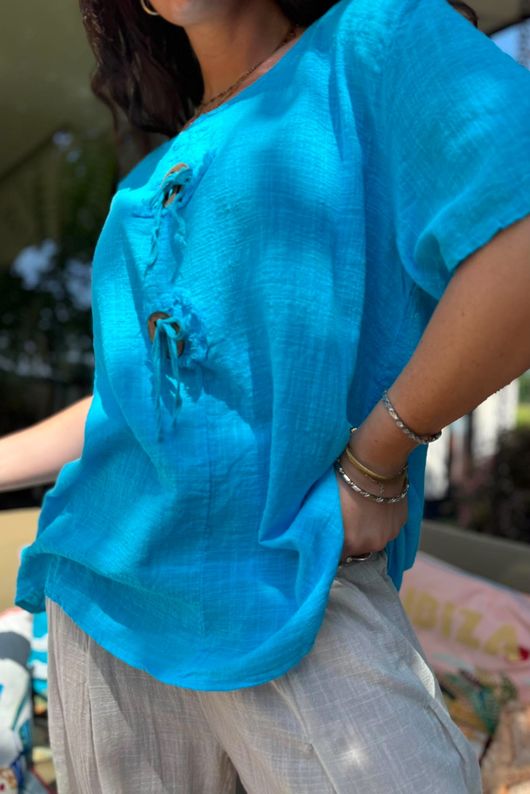 Izi Cheesecloth Button Tee Turquoise